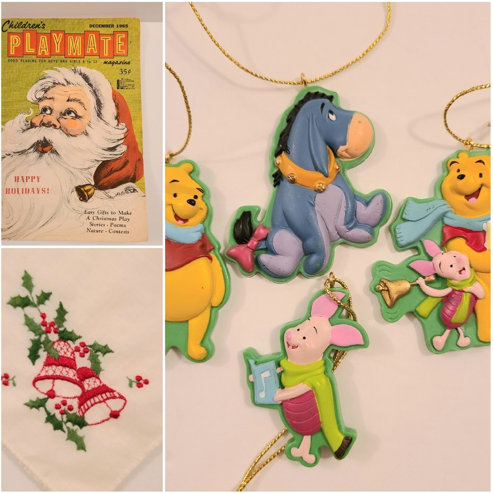 3 Lots-Winnie-the-Pooh Xmas Orn's, Santa-Paper Book,& Xmas Hanky